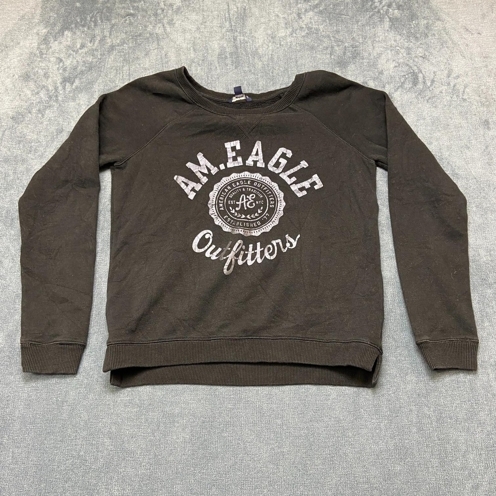 American Eagle Outfitters Sweatshirt Womens Small Black Graphic Raglan Sleeve